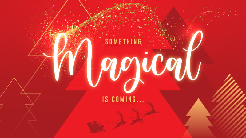 Red banner with Christmas elements. Text reads 