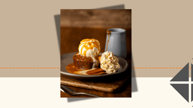 Warm sticky date pudding topped with caramel sauce, vanilla ice cream and cream at The Coffee Club, Ormiston Town Centre.